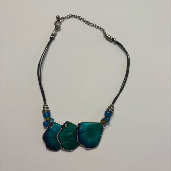 Chico’s Women’s Black Rope with Silver Blue Green Pendant Necklace - Picture 3 of 9